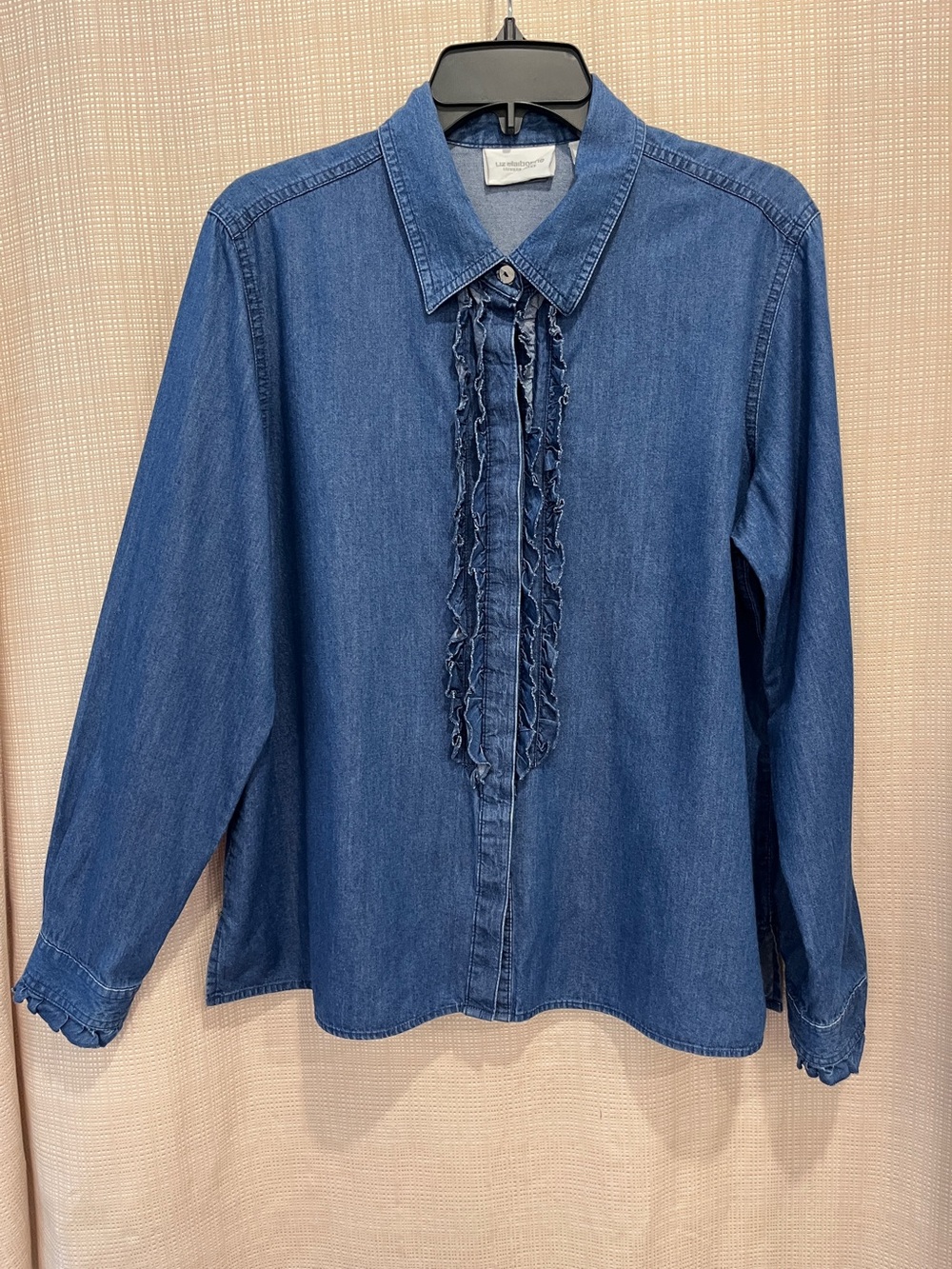Vintage Dark Denim Ruffle Button Down Shirt Vintage Lizwear 100% Cotton